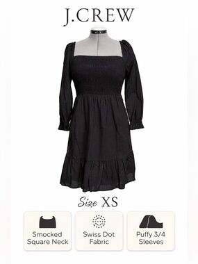 J.Crew Black Smocked Top Dress | XS |Swiss Dot Square Neck Puff Sleeve Mini